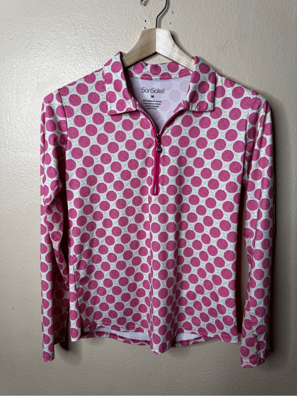 SanSoleil Women’s Golf Top Size M Pink Polka Dot Long Sleeve Quarter Zip UPF 50+